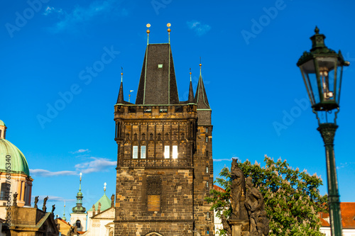 Bridge tower on the Charles Bridge. The architecture of old Europe. Historical building