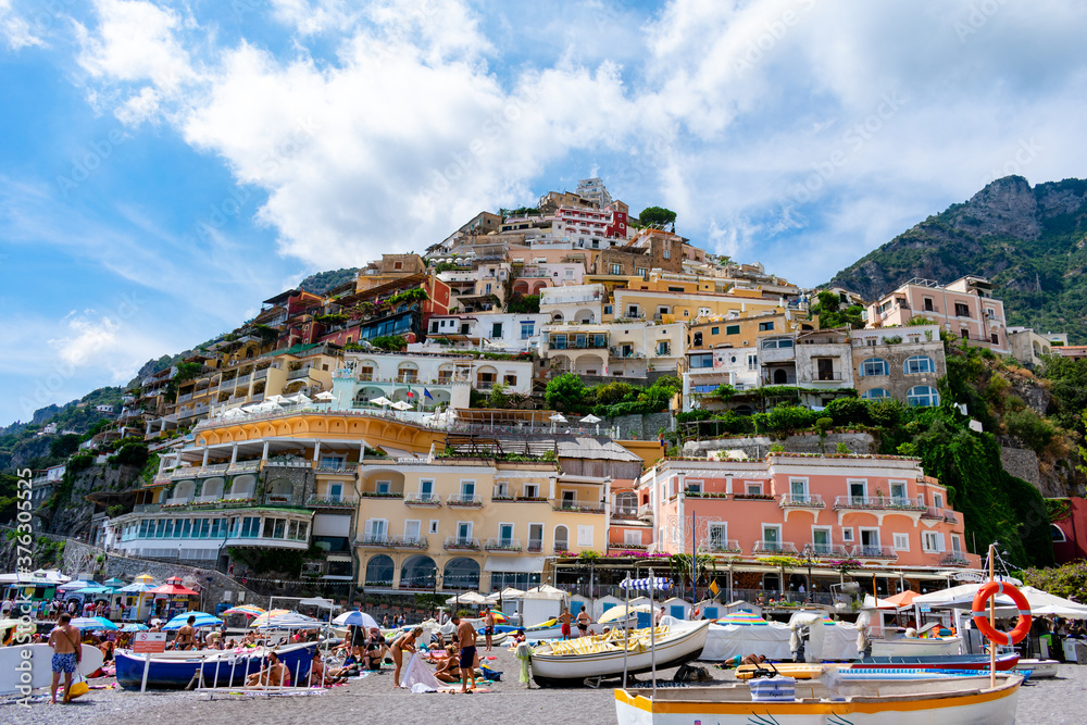 Italy, Campania, Positano - 17 August 2019 - View of Positano and its colors from the beach