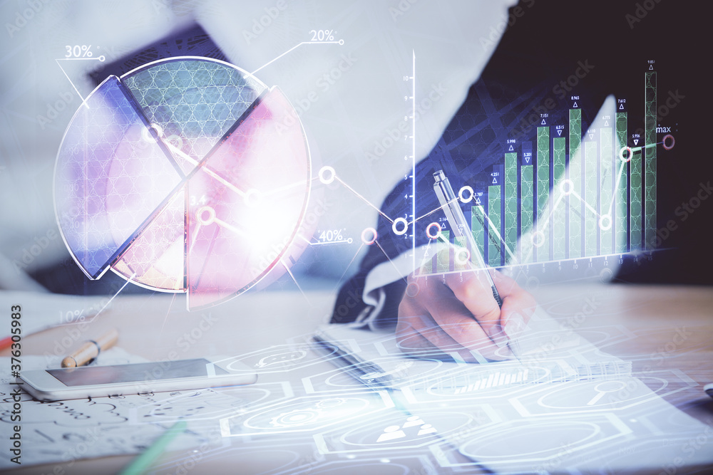 Double exposure of forex chart drawing over people taking notes background. Concept of financial analysis Double exposure of forex chart drawing over people taking notes background. Concept of financial analysis