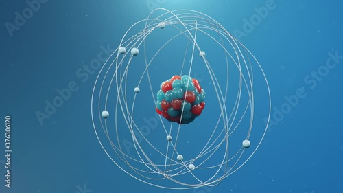Atomic structure. Atom is the smallest level of matter that forms chemical elements. Nuclear reaction. Concept nanotechnology. Neutrons and protons - nucleus. Loop-able seamless 4K 3D animation photo