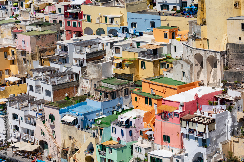 Italy, Campania, Procida - 18 August 2019 - The wonderful colorful buildings of Marina Coricella in Procida
