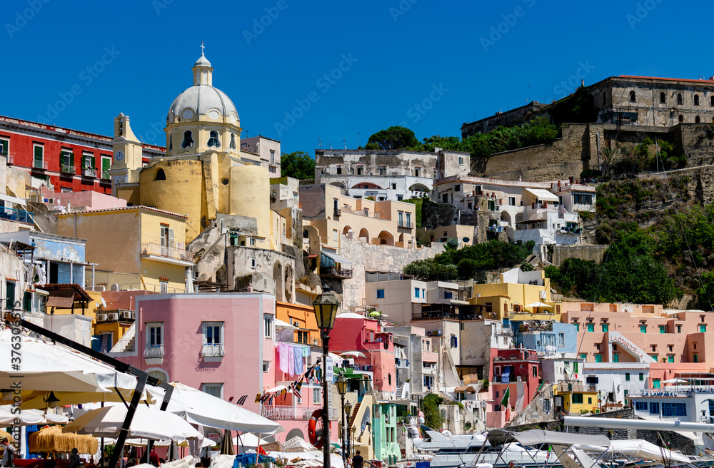 Italy, Campania, Procida - 18 August 2019 - Glimpse of the colorful Marina Coricella in Procida
