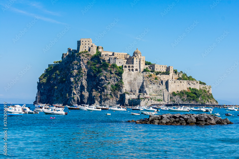 Italy, Campania, Ischia - 18 August 2019 - View of the fantastic Aragonese castle of Ischia