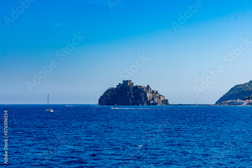 Italy  Campania  Ischia - 18 August 2019 - View from the sea of       the island of the Aragonese castle of Ischia