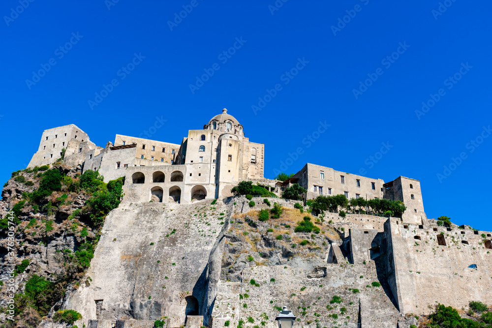 Italy, Campania, Ischia - 18 August 2019 - View of some structures of the Aragonese castle of Ischia