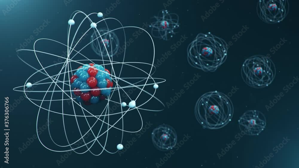 Atomic structure. Atom is the smallest level of matter that forms chemical elements. Nuclear reaction. Concept of physics, science. Neutrons and protons - nucleus. Loop-able seamless 4K 3D animation