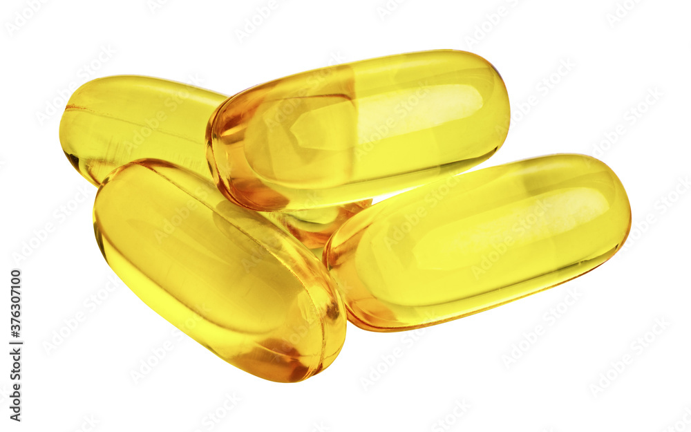 Pile of gel cap pills Omega 3 on white. Fish oil supplement product Pile of gel cap pills Omega 3 on white. Fish oil supplement product