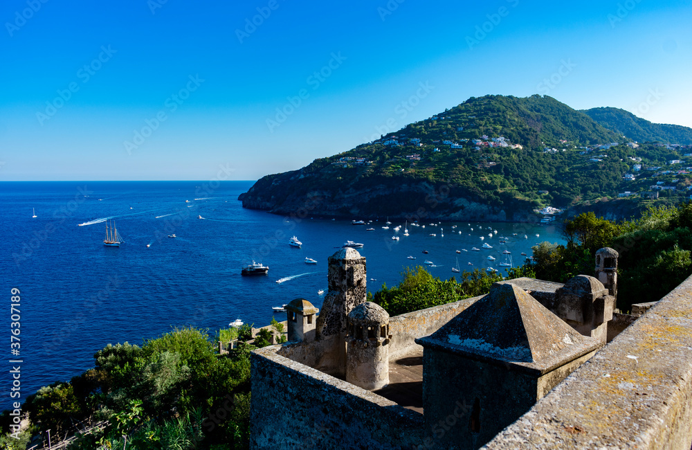 Fototapeta premium Italy, Campania, Ischia - 18 August 2019 - Glimpse of some structures of the castle and of the island of Ischia