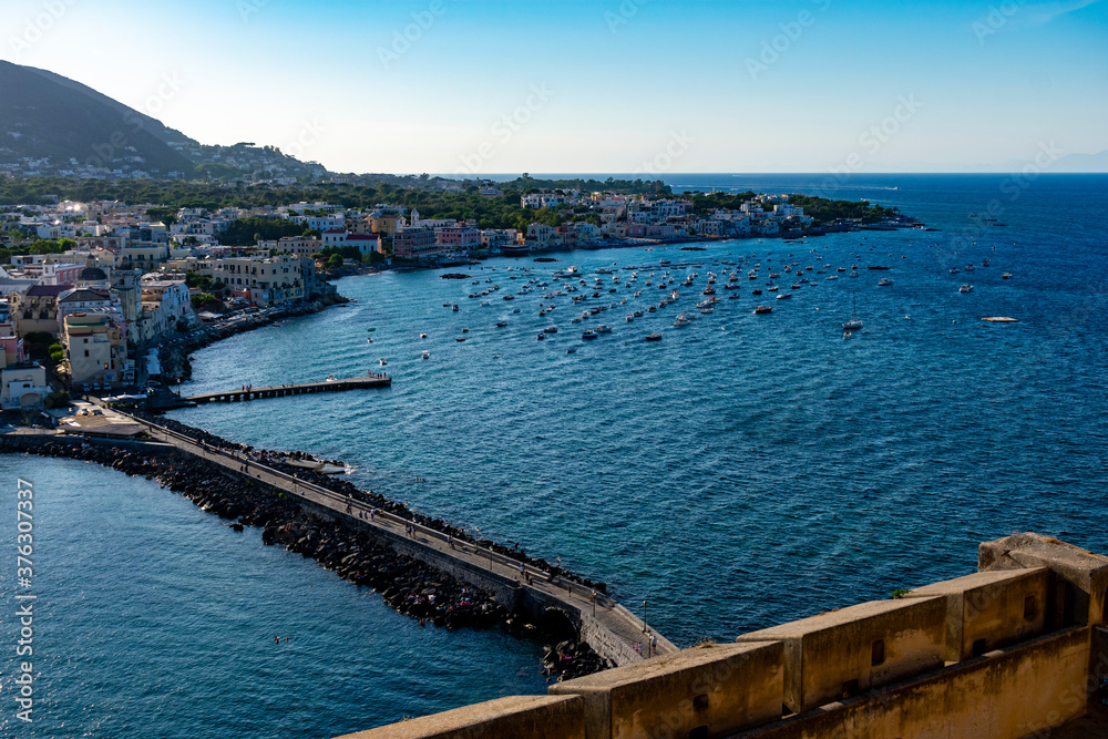 Italy, Campania, Ischia - 18 August 2019 - Glimpse of the island of Ischia seen from the castle