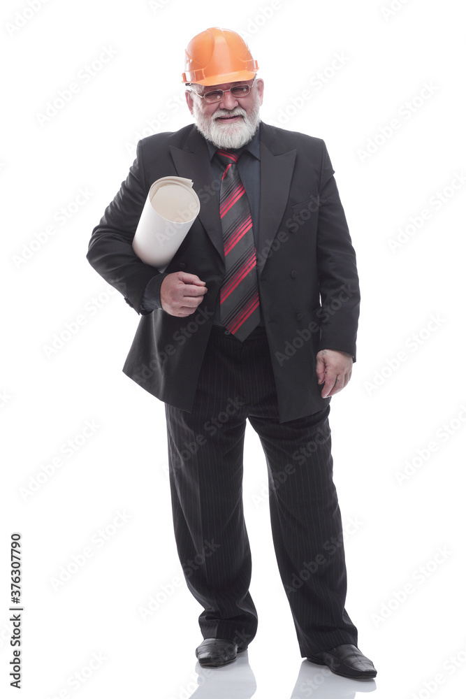 Mature architect with a roll of drawings. isolated on a white Mature architect with a roll of drawings. isolated on a white