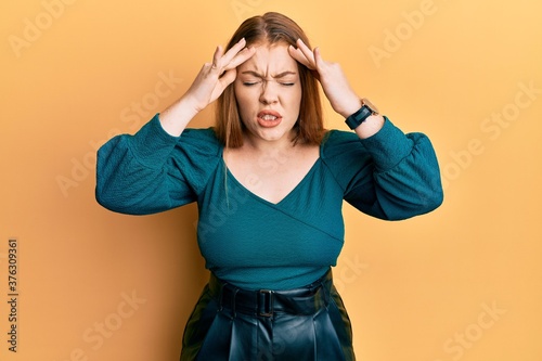 Young beautiful redhead woman wearing elegant and sexy look with hand on head for pain in head because stress. suffering migraine.