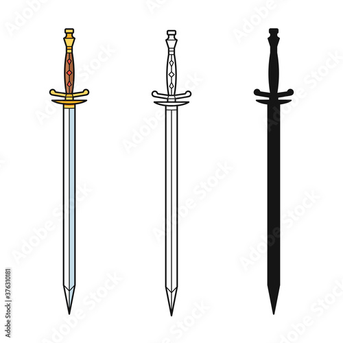 Set of knight swords isolated on white background. Swords in flat style and silhouettes. Vector illustration.