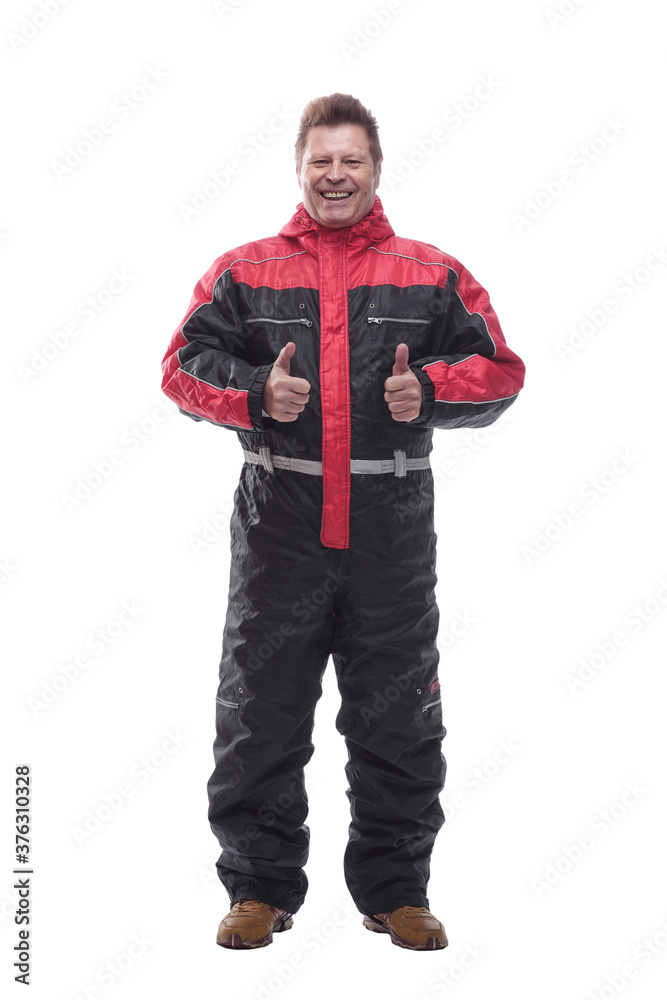 happy man in winter insulated overalls. isolated on a white happy man in winter insulated overalls. isolated on a white