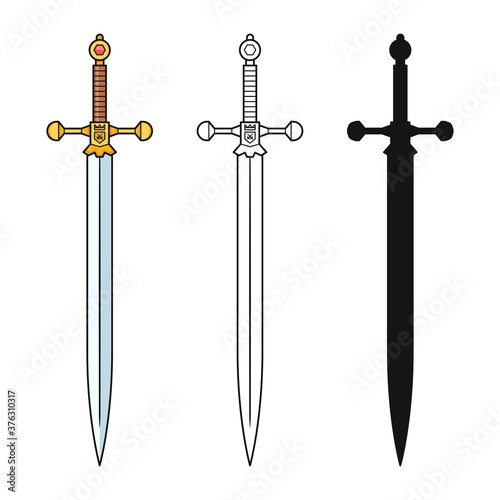 Swords set. Sword isolated on white background. Military sword ancient weapon design silhouette, European straight swords. Vector illustration.