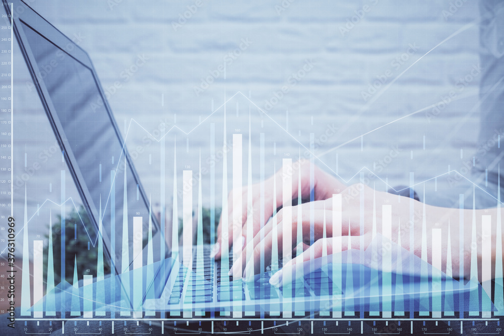 Multi exposure of woman hands typing on computer and forex chart hologram drawing. Stock market analysis concept. Multi exposure of woman hands typing on computer and forex chart hologram drawing. Stock market analysis concept.