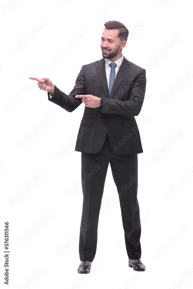 smiling handsome businessman pointing to copy space. isolated on white smiling handsome businessman pointing to copy space. isolated on white