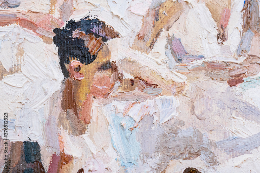 Macro. Art. Fragment of oil painting. Ballerina at the play. Colors: white, purple, ocher, beige.