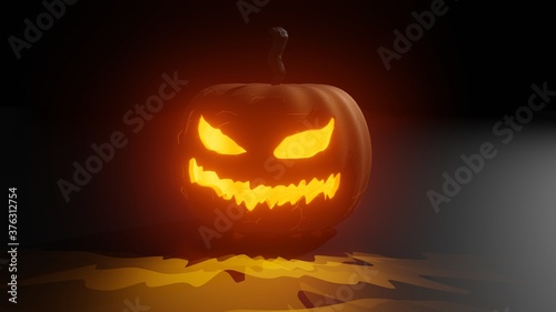 Halloween pumpkin lamp. Scary jack lamp on a dark background. Pumpkin with a scary face. 3d rendering