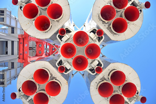 Bottom view of nozzles of space launch vehicle