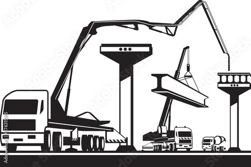 Construction machinery building a bridge – vector illustration