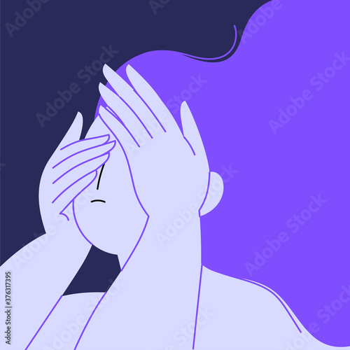 Tableau sur toile Flat illustration of a tired woman holding her head up covering her eyes with her hands