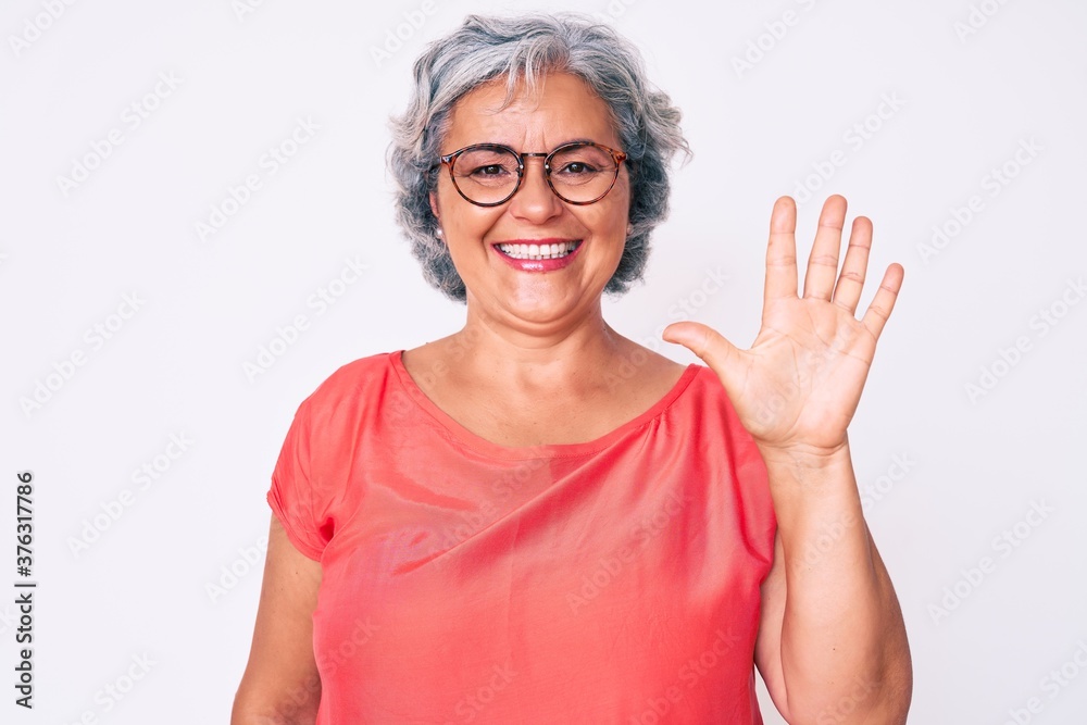 Senior hispanic grey- haired woman wearing casual clothes and glasses showing and pointing up with fingers number five while smiling confident and happy. Senior hispanic grey- haired woman wearing casual clothes and glasses showing and pointing up with fingers number five while smiling confident and happy.