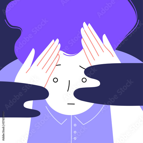 Flat illustration of an anxios person holding their head with their hands. Scared facial expression. Dark clouds on the front. Anxiety and panic disorder concept