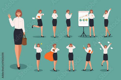 Businesswoman character set. Business people doing different actions
