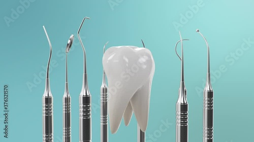 Healthy teeth rotation animation. Teeth with dental tools. Concept of toothbrushing, care and protection against caries. Concept oral care. Teeth whitening. Seamless, loop-able medical 4K 3D Animation