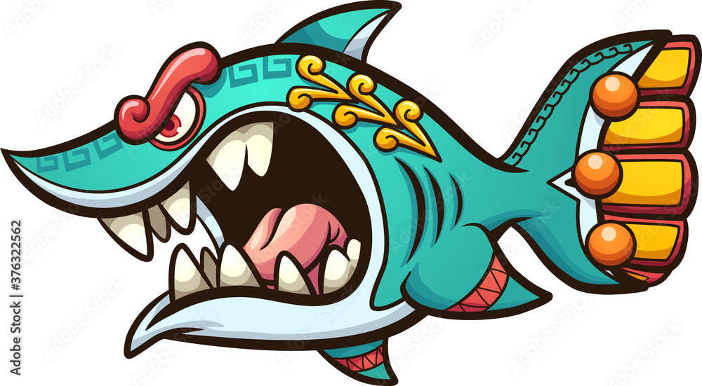 Naklejka premium Angry cartoon Aztec shark with open mouth. Vector clip art illustration. All on a single layer.
