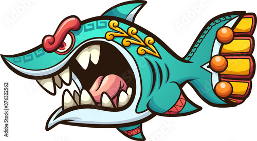 Angry cartoon Aztec shark with open mouth. Vector clip art illustration. All on a single layer.