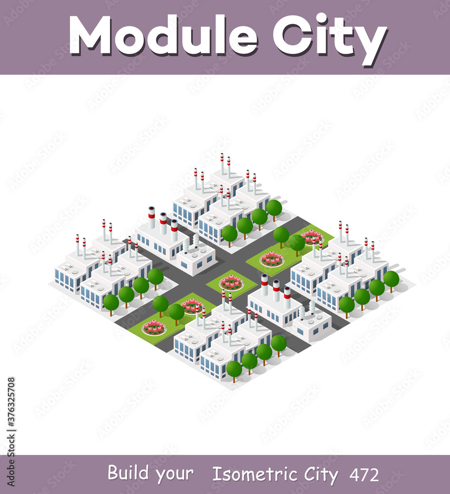 Isometric plant in 3D dimensional projection includes factories