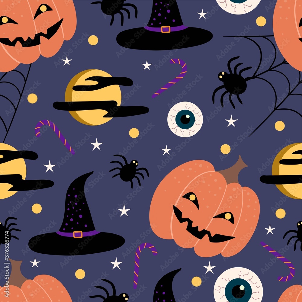 Happy halloween seamless pattern. Cartoon illustration with pumpkins, spiders, witch hats and candy. Print for textile, wrapping, banner. Happy halloween seamless pattern. Cartoon illustration with pumpkins, spiders, witch hats and candy. Print for textile, wrapping, banner.