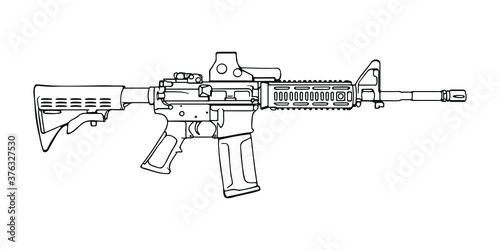 American M4 assault rifle with reflector sight. Vector Outline Illustration