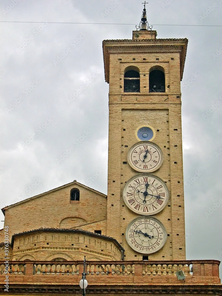 Italy, Marche, Tolentino 1822 built clock tower in Liberty square.