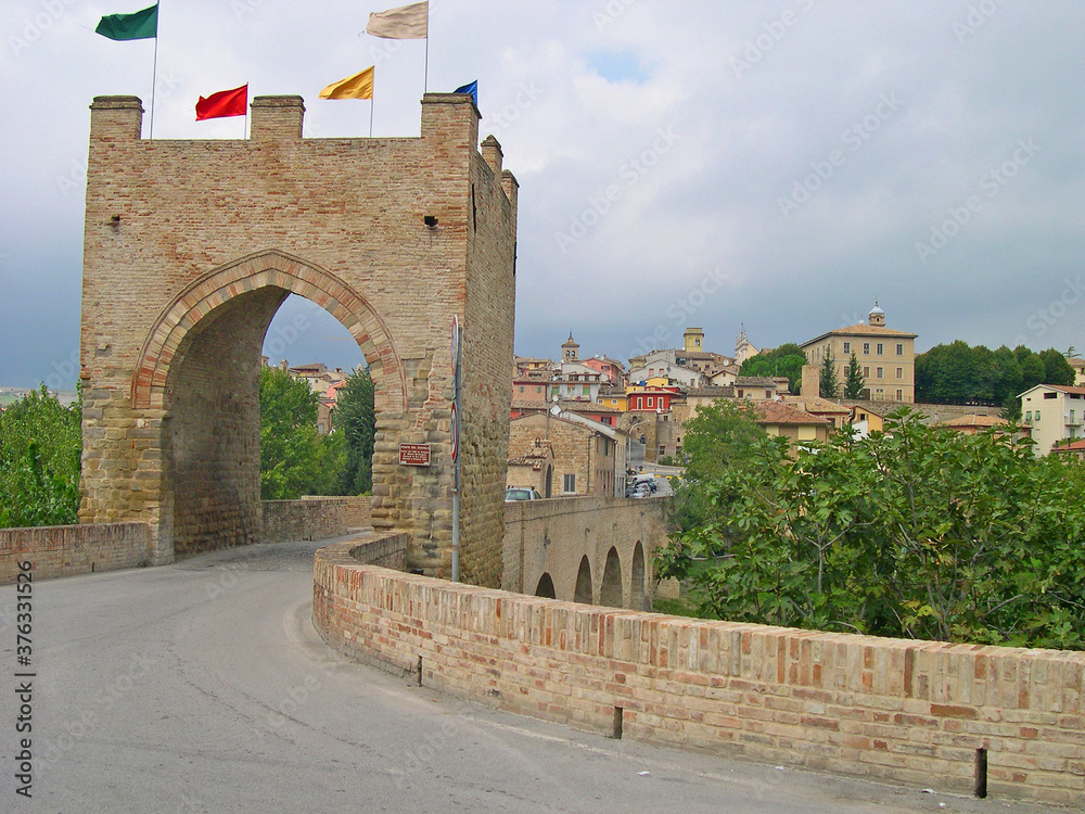 Italy, Marche, Tolentino village entry point from Davil Bridge.