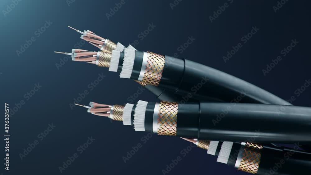 Concept of fiber optic cable on a colored background. Future cable technology. Detailed curved cable in cross section. Powerful communication technology network. Seamless loopable 3d animation 4K Concept of fiber optic cable on a colored background. Future cable technology. Detailed curved cable in cross section. Powerful communication technology network. Seamless loopable 3d animation 4K