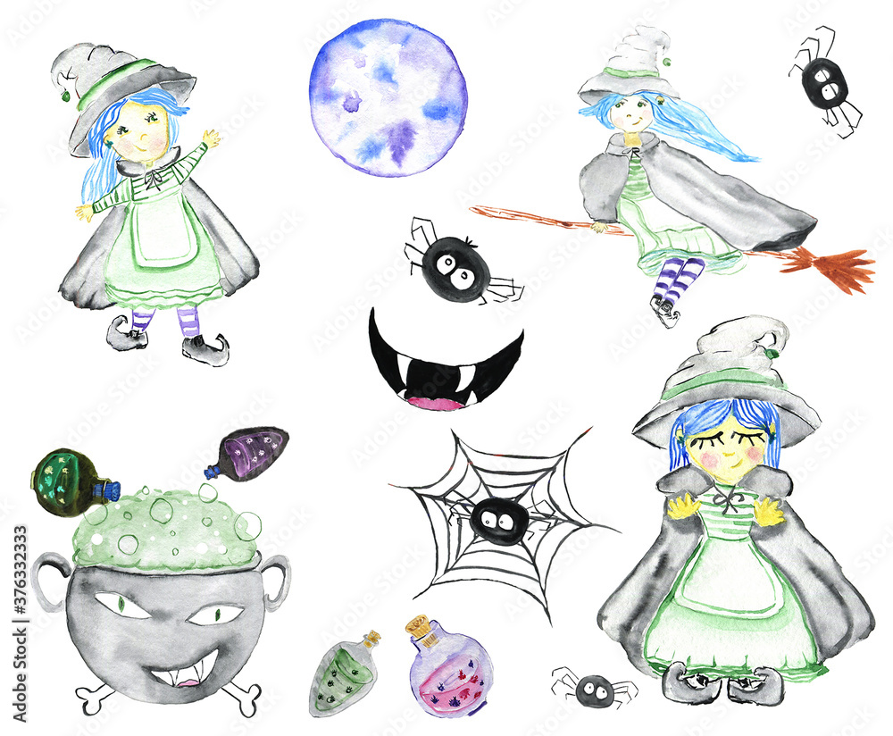 Illustration for Halloween. Watercolor set. Witch, Moon, spider, web, cauldron, potions, evil smile.
