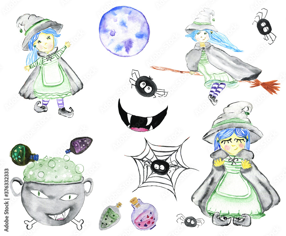 Fototapeta premium Illustration for Halloween. Watercolor set. Witch, Moon, spider, web, cauldron, potions, evil smile.