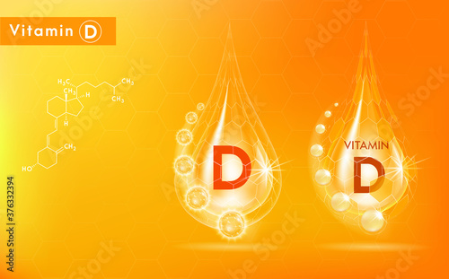 Drop vitamin D complex poly sphere bubble. Health supplement female face anti-aging beauty cosmetics banner template. 3D vector EPS10 illustration