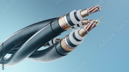 Concept of fiber optic cable on a colored background. Future cable technology. Detailed curved cable in cross section. Powerful communication technology network. Seamless, loopable 3d animation 4K photo