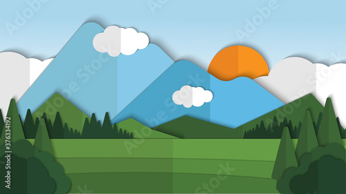Beauty nature landscape paper cut style with cloud background vector illustration, landscape pattern