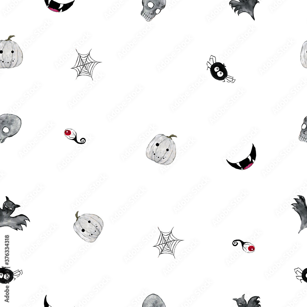 Watercolor pattern for Halloween.Set of spiders and spider webs, eyes, skull, pumpkin, bat, smile.