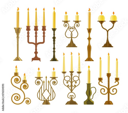 Candlestick icon. Vintage candelabrum or candlestick with burning wax candle flame set. Vector elegant old-fashioned royal gold, bronze, brass metallic lamp icon illustration for interior design
