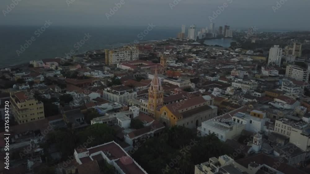 Cargatena City, Colombia. Aerial View of Cathedral and San Pedro Claver Church in Historic Colonial District in Twilight, Drone Shot Cargatena City, Colombia. Aerial View of Cathedral and San Pedro Claver Church in Historic Colonial District in Twilight, Drone Shot