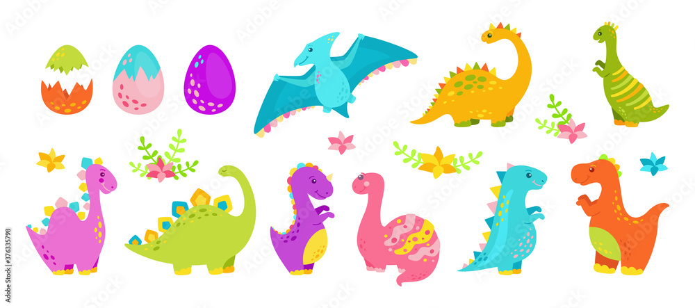 Dinosaur cartoon set. Reptile flat collection, predators and herbivores dino. Funny colorful dinosaurs. Kids design for fabric or textile. Vector illustration isolated on white background