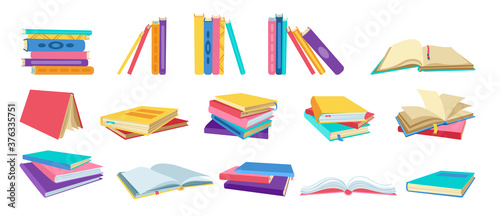 Book cartoon set. Hand drawn blank textbooks, hardbacks, empty pages for library. Reading, learn and receive education through books collection. Vector illustration on white background