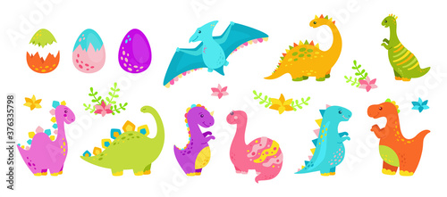 Dinosaur cartoon set. Reptile flat collection  predators and herbivores dino. Funny colorful dinosaurs. Kids design for fabric or textile. Vector illustration isolated on white background