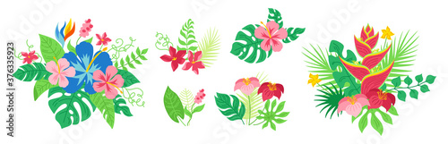 Bouquet tropical flowers and leaves set. Hawaiian cartoon floral composition. Monstera, palm and wild flowers collection. Exotic hand drawn green jungle. Vector illustration