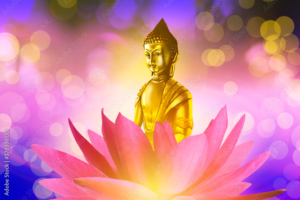 Buddha figure in lotus flower on bright background, bokeh effect